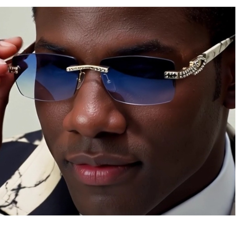 Sunglasses Blue Lens Men Gangster Rhinestone Stud Rimless Rectangle 90s Rapper